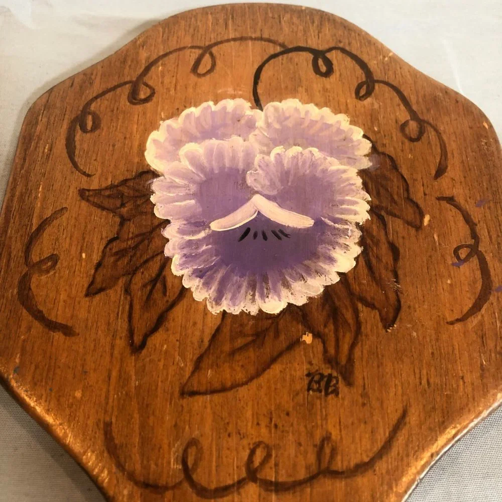 VINTAGE Wooden Handpainted Handheld Mirror 11.5